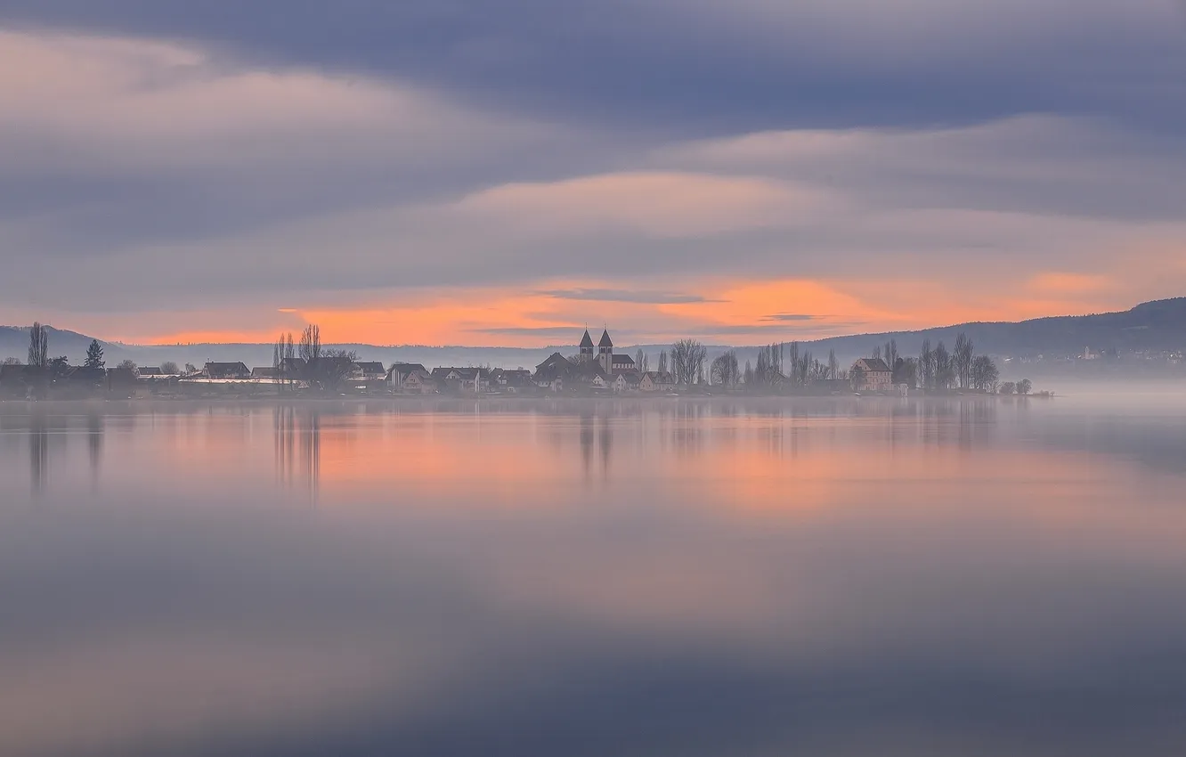 Фото обои озеро, рассвет, утро, Германия, городок, Germany, водная гладь, Боденское озеро