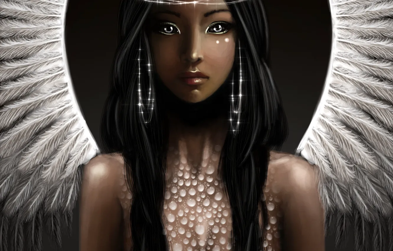 Фото обои взгляд, фантастика, волосы, крылья, ангел, серьги, арт