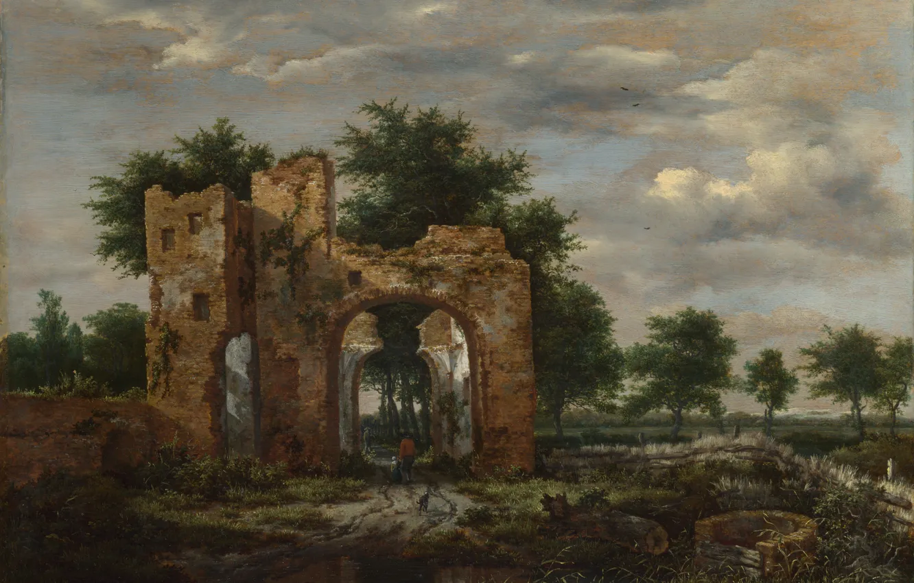Фото обои пейзаж, картина, Якоб ван Рёйсдал, Jacob van Ruisdael, Разрушенные ворота замка