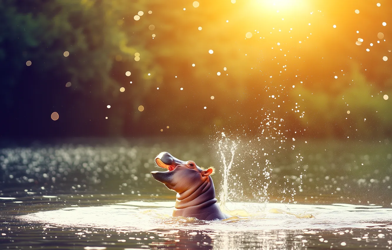 Фото обои вода, солнце, лучи, свет, деревья, брызги, озеро, берег