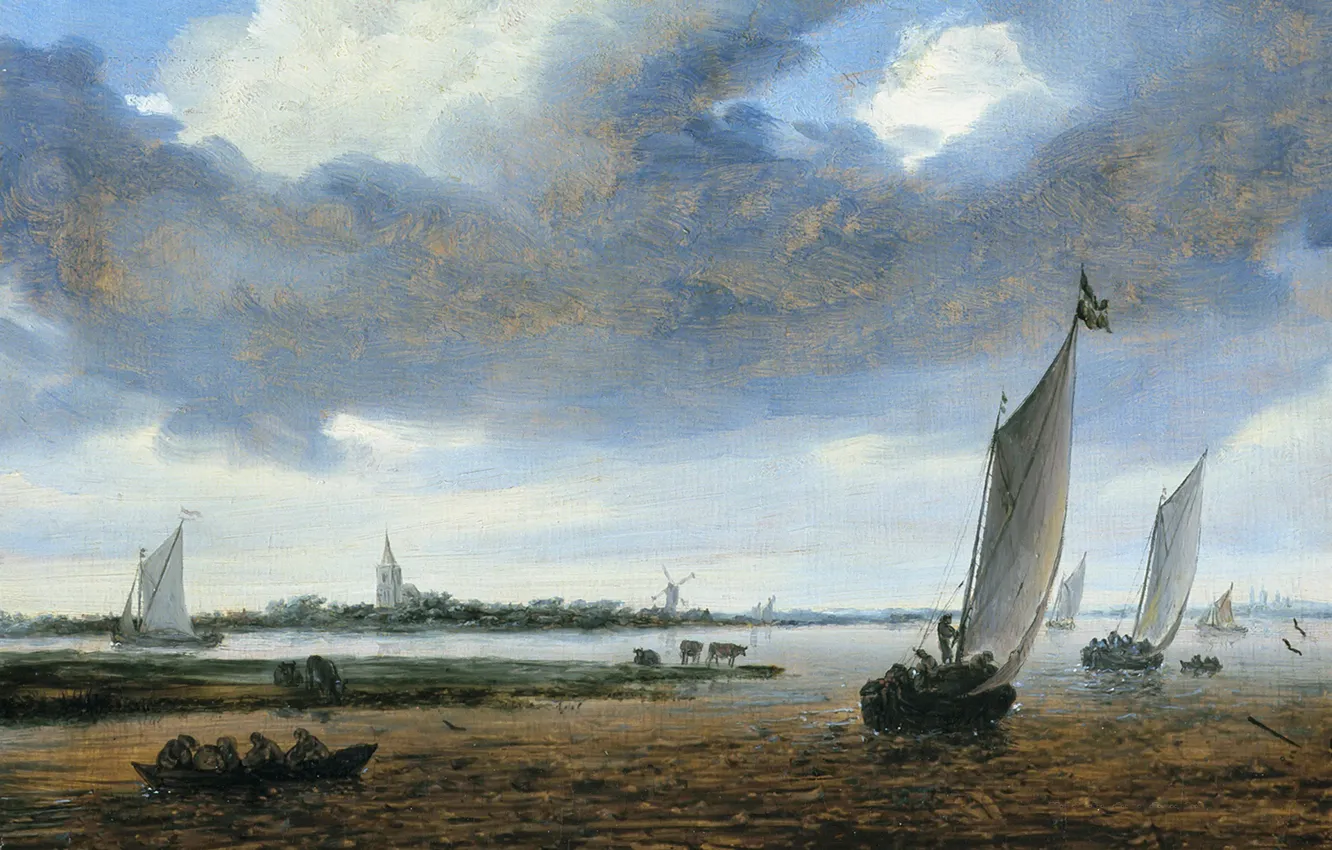 Фото обои пейзаж, лодка, картина, парус, Salomon van Ruysdael, Соломон ван Рёйсдал, Вид на Бевервейк со Стороны …