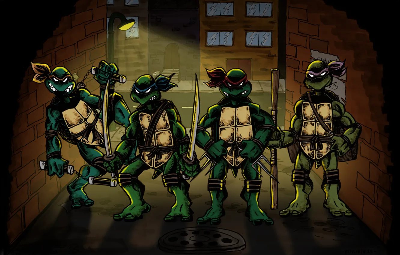 Фото обои улица, стены, Рафаэль, TMNT, Raphael, Leonardo, люк, Donatello