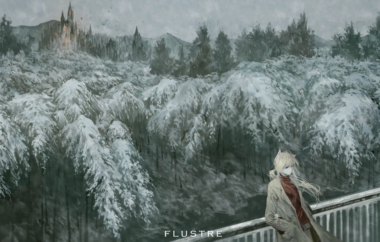 Фото обои зима, лес, девушка, ели, арт, еловый лес, Yukinoneko