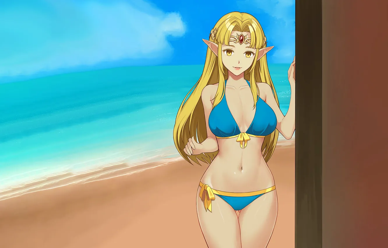 Фото обои girl, sexy, cleavage, beach, long hair, sea, boobs, anime