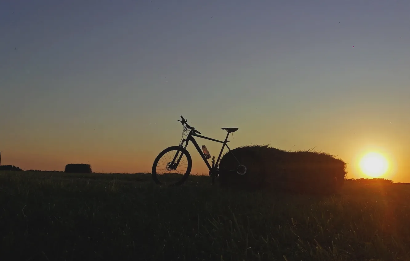 Фото обои grass, bicycle, sky, bike, field, nature, sunset, sun