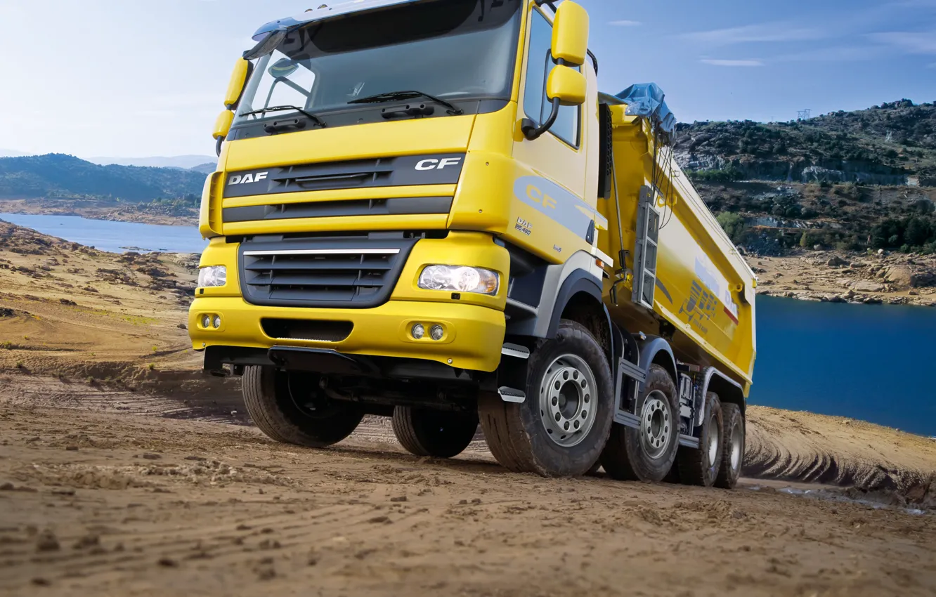 Фото обои жёлтый, грузовик, кузов, грунтовка, DAF, ДАФ, самосвал, Euro5