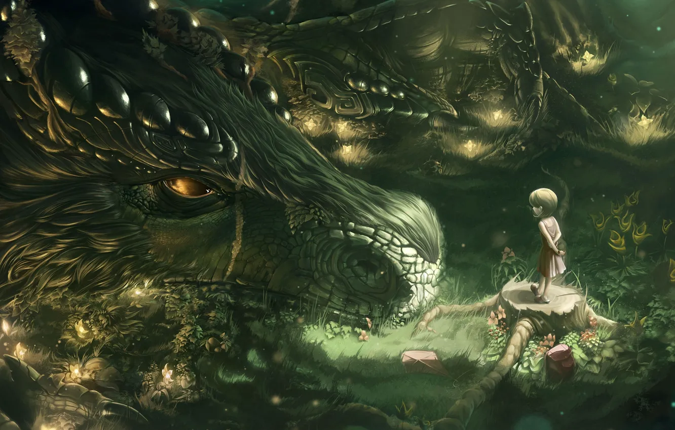 Фото обои лес, фантастика, дракон, рисунок, девочка, fantasy, art