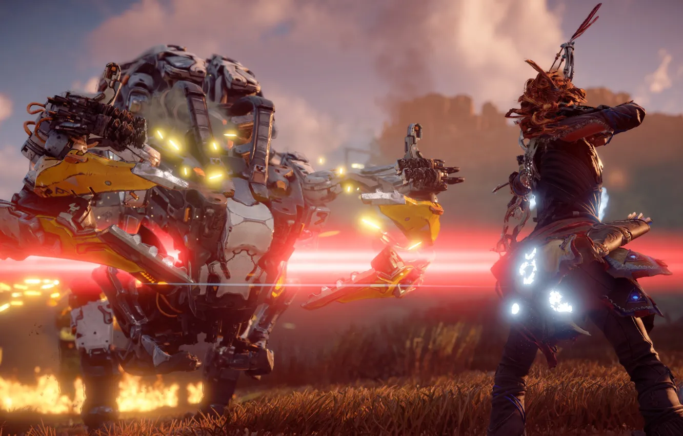 Фото обои постапокалипсис, бизон, Playstation 4, Guerrilla Games, Horizon Zero Dawn, Элой