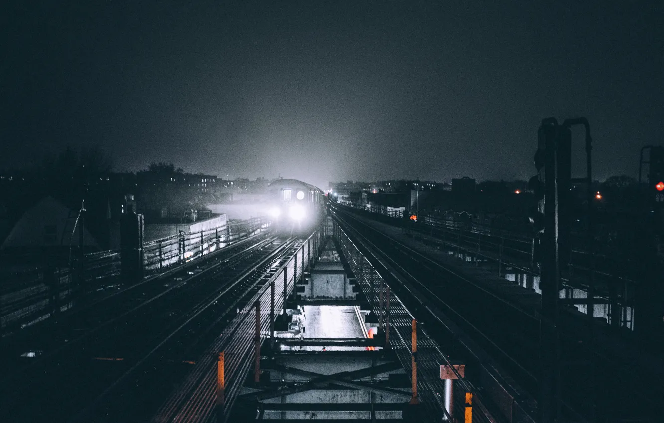 Фото обои свет, ночь, поезд, Нью-Йорк, железная дорога, ж/д