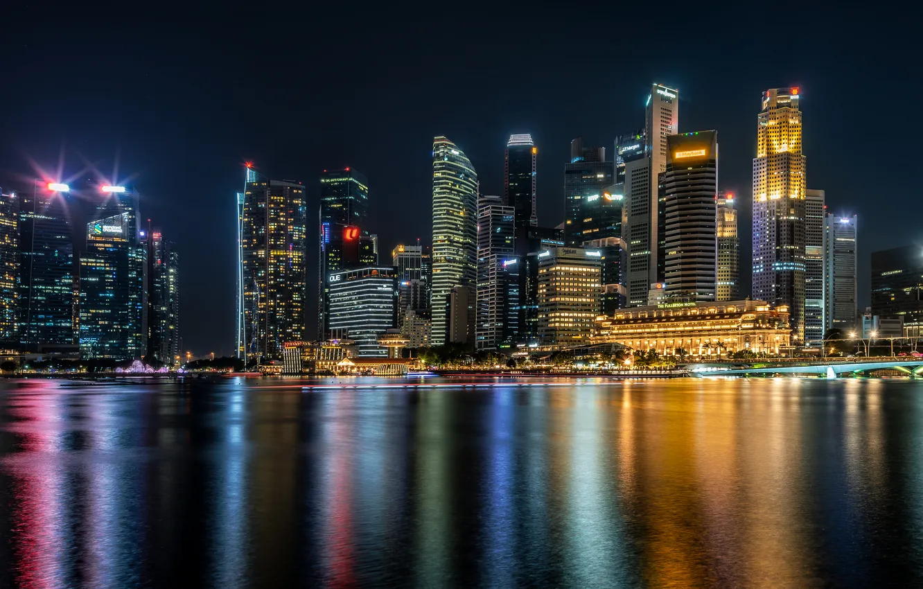 Фото обои здания, дома, залив, Сингапур, ночной город, небоскрёбы, Singapore, Marina Bay