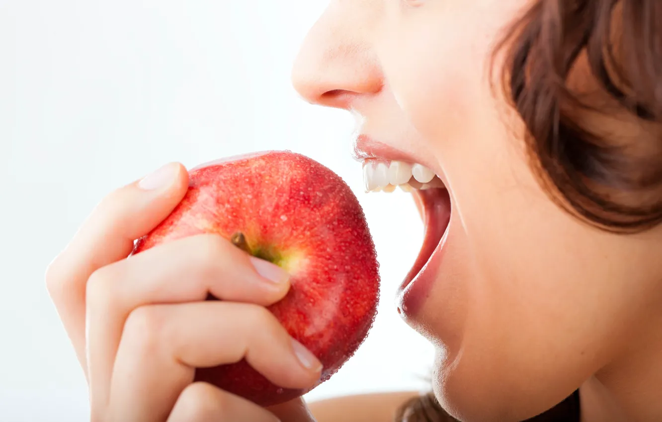 Фото обои apple, woman, mouth, teeth