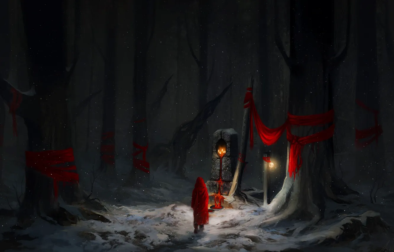 Фото обои Красный, Зима, Деревья, Снег, Лес, Art, Concept Art, Персонаж