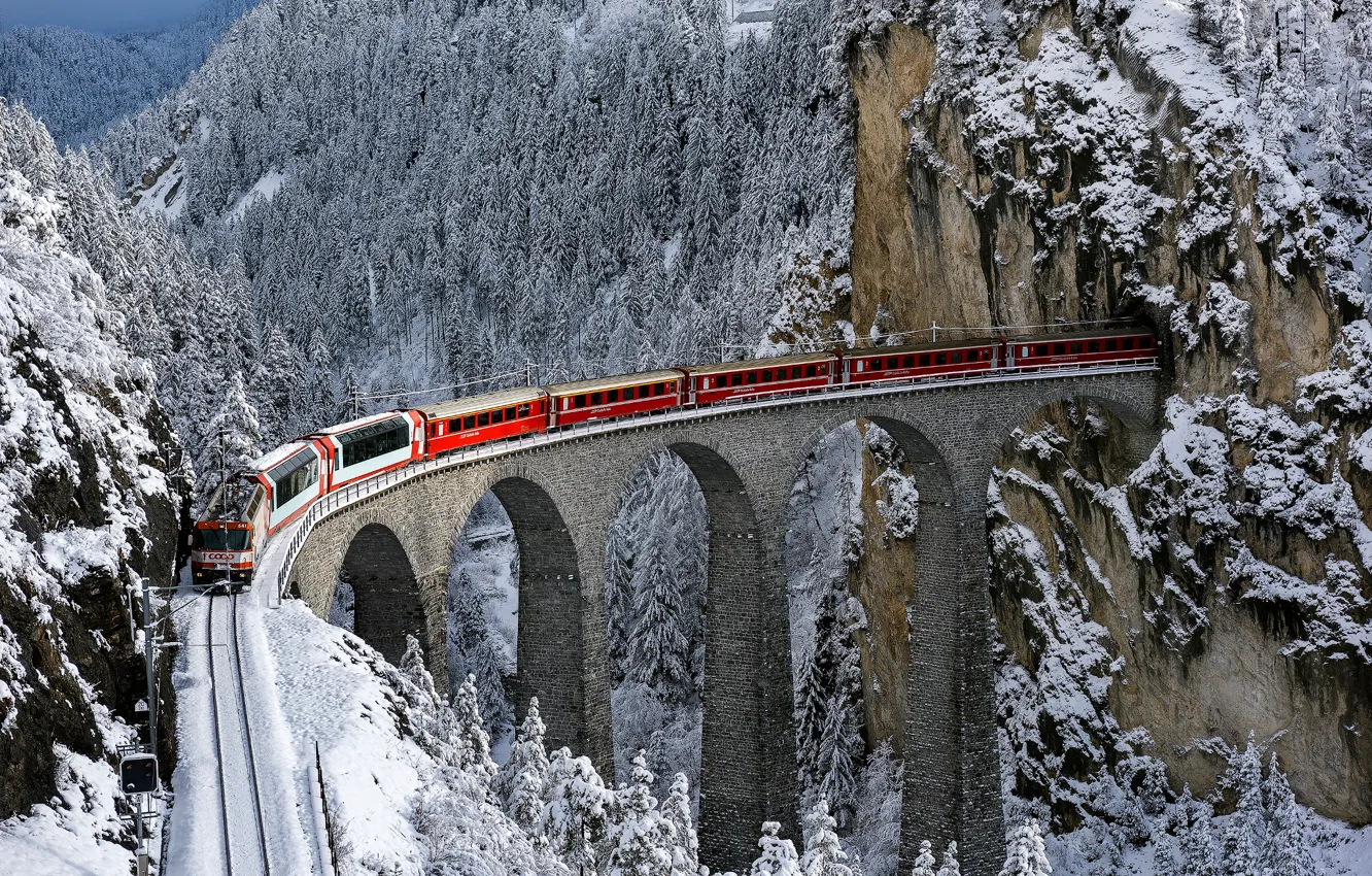 Фото обои зима, мост, вид, поезд, Bernina express