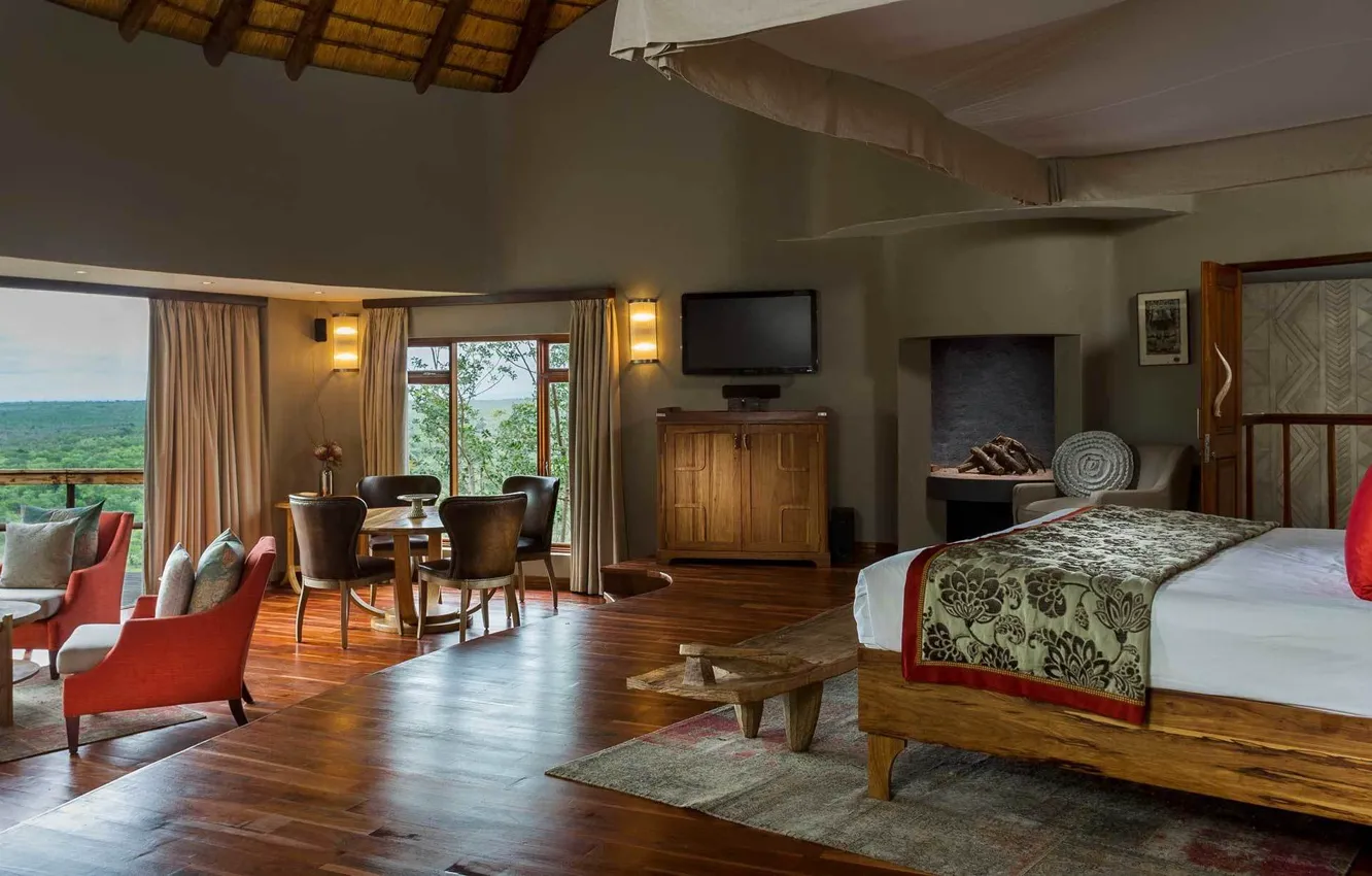 Фото обои пространство, интерьер, камин, спальня, гостиная, столовая, Cliff lodge, Ulusaba