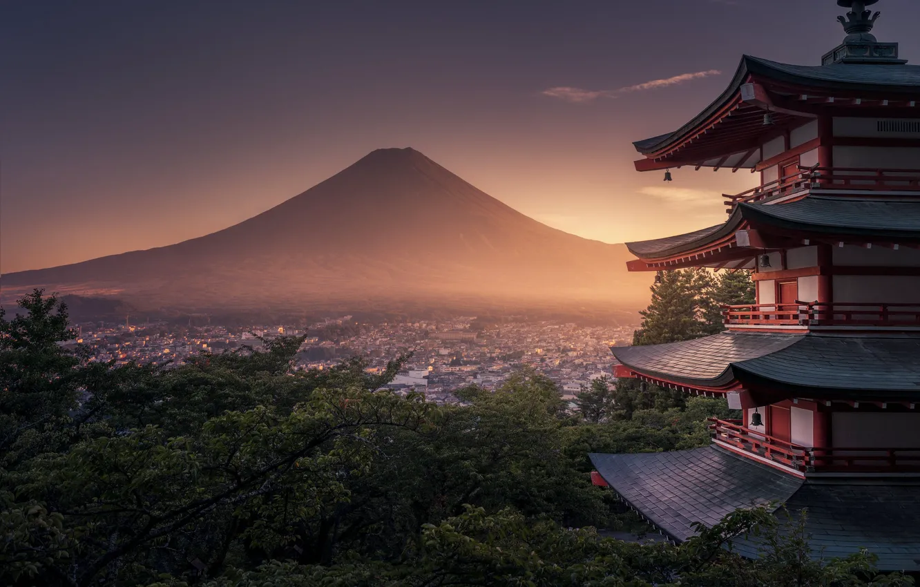 Фото обои горы, туман, пагода