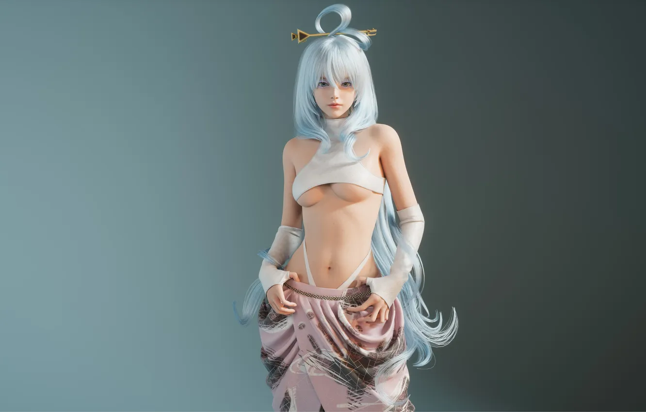 Фото обои women, CGI, glitter, simple background, underboob, silver hair, Kunyue Luo