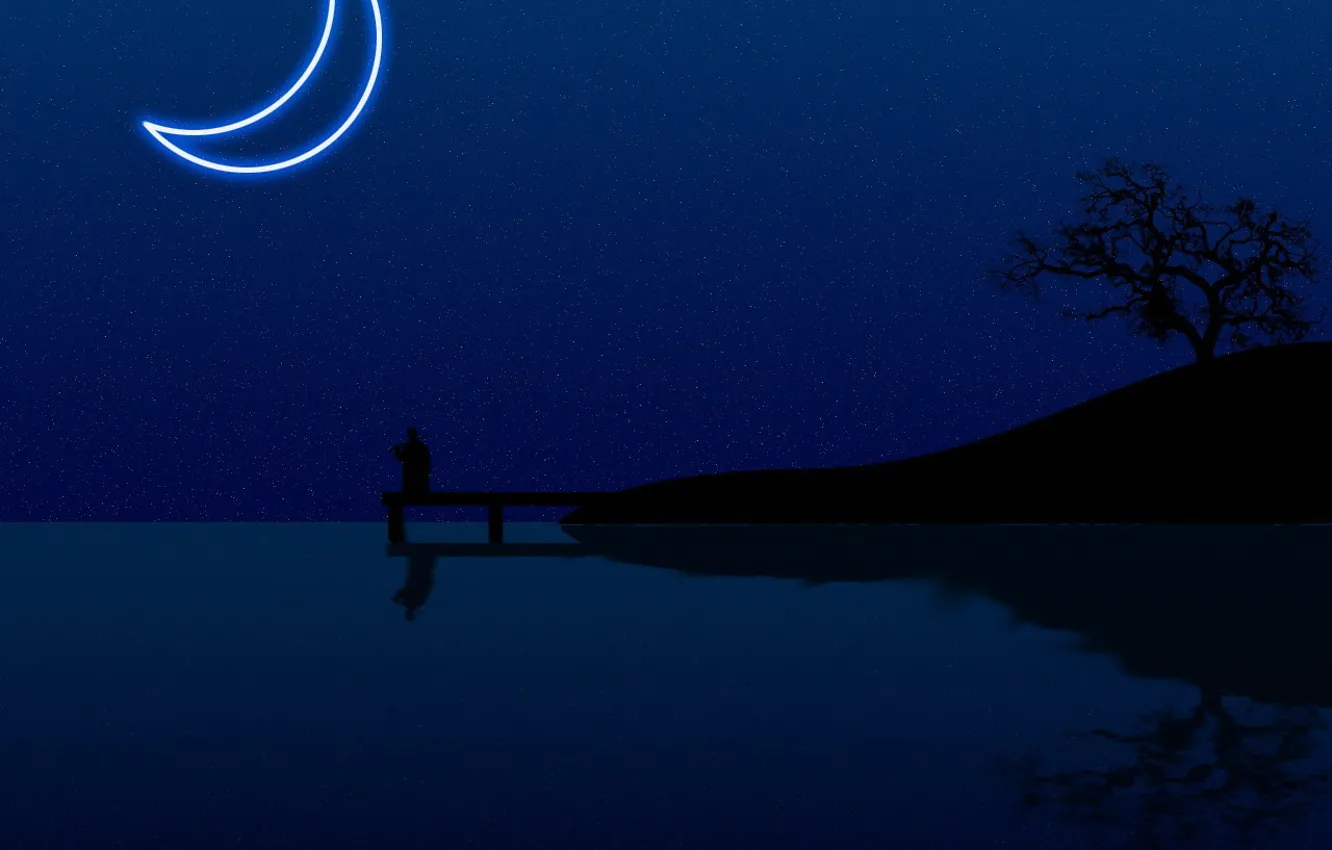 Фото обои вода, ночь, луна, минимализм, вектор