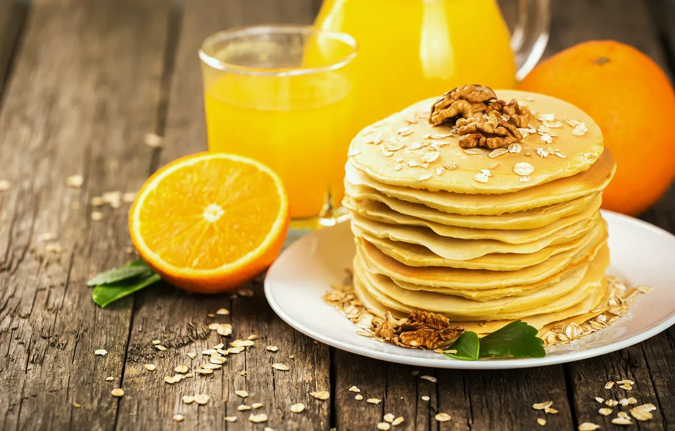 Фото обои апельсины, сок, орехи, блины, выпечка, pancake