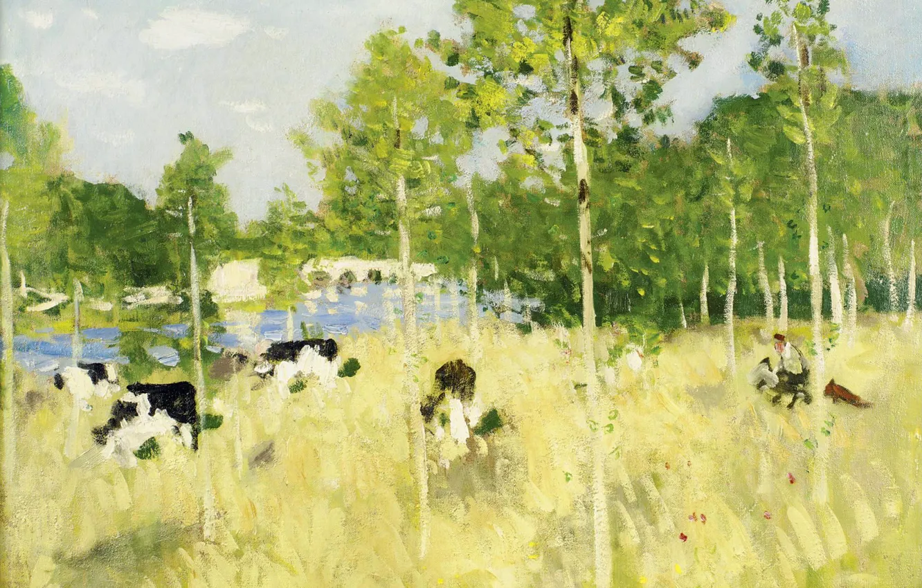 Фото обои пейзаж, картина, Коровы на Лугу, Пьер Эжен Монтезин, Pierre-Eugene Montezin