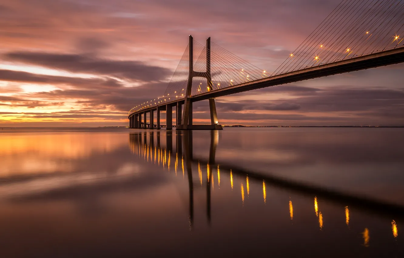 Фото обои мост, огни, вечер, Португалия