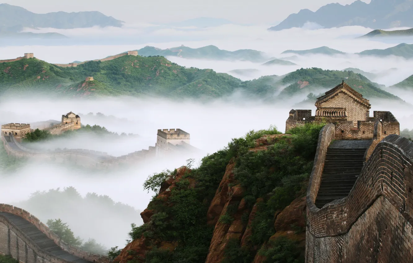 Фото обои горы, туман, Китай, великая китайская стена