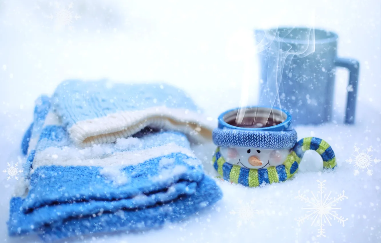 Фото обои зима, снег, шапка, горячий, шоколад, шарф, чашка