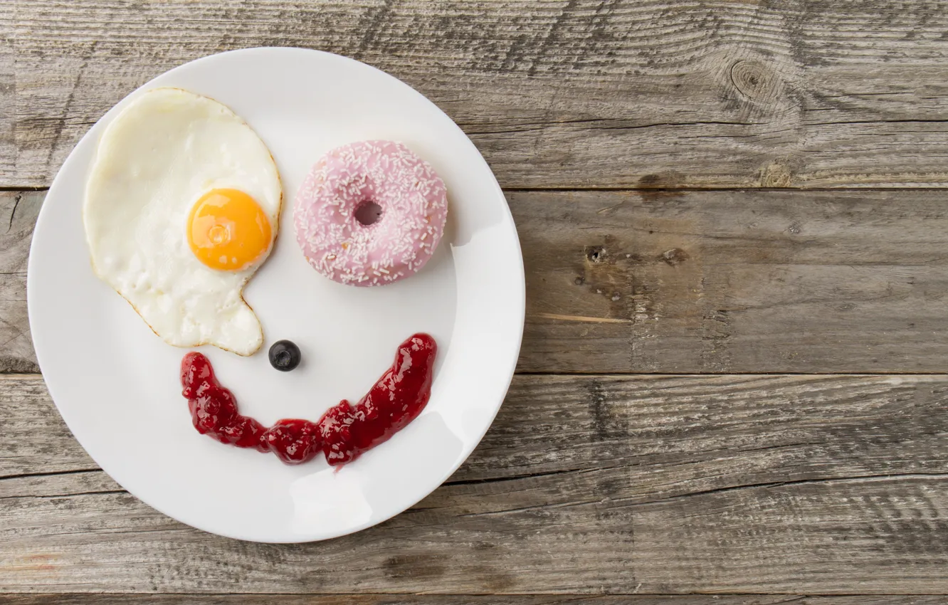 Фото обои завтрак, plate, яичница, пончик, happy, смайлик, соус, smile