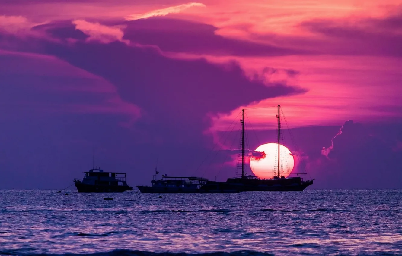 Фото обои море, солнце, закат, корабли
