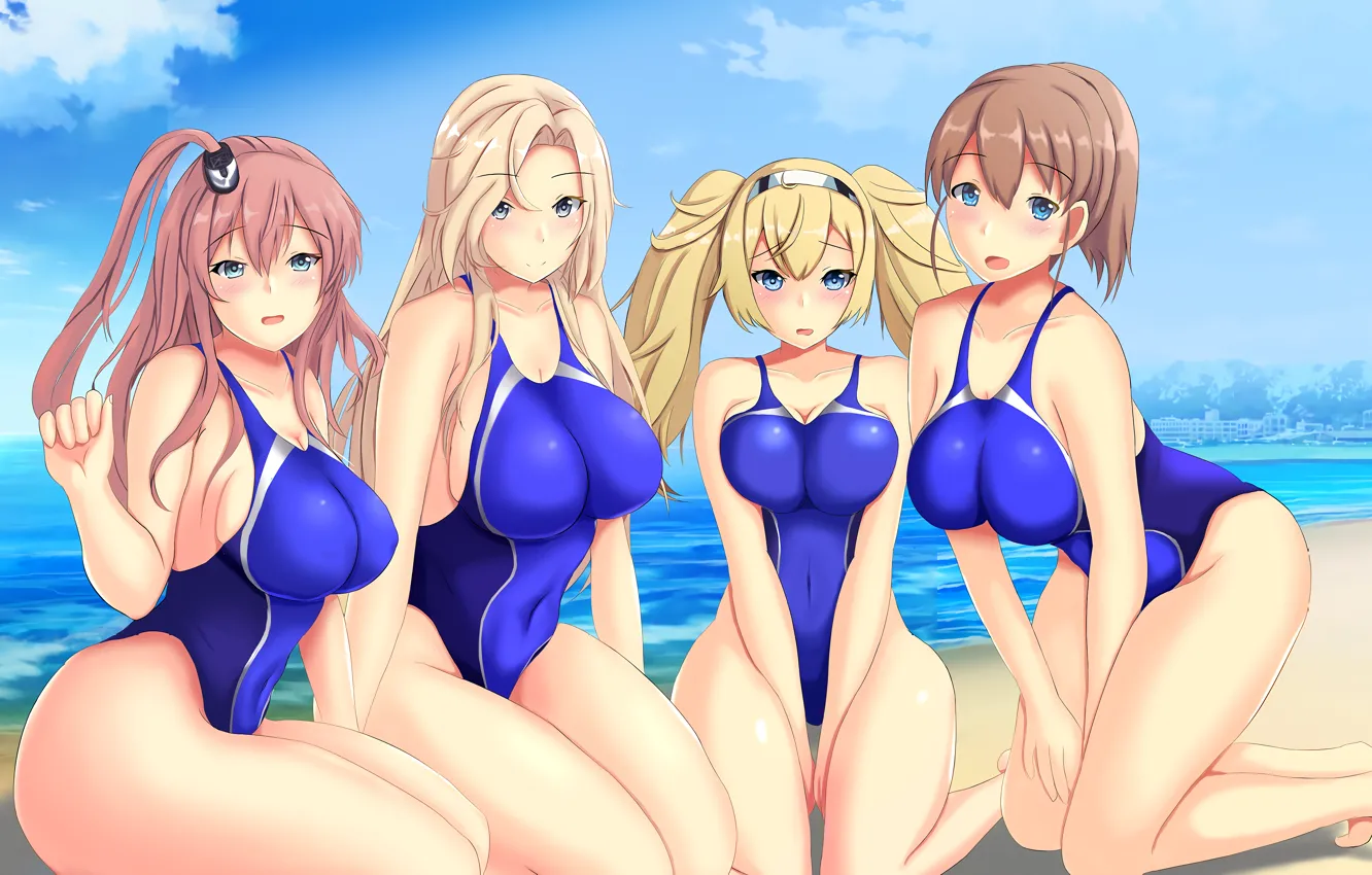 Фото обои breasts hold, twintails, headband, swimwear, blue eyes, Gambier Bay, swimsuit, sky