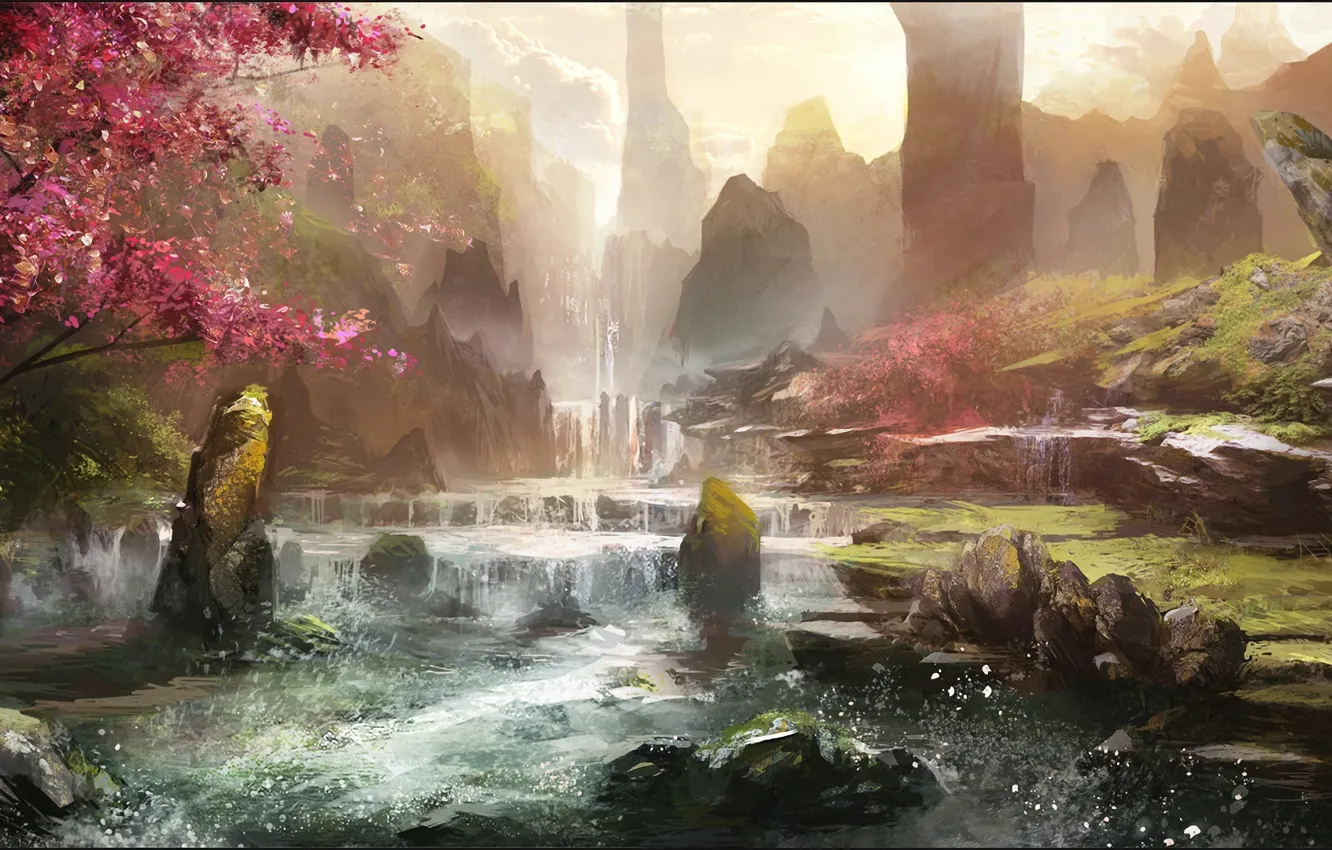 Фото обои деревья, река, камни, арт, нарисованный пейзаж