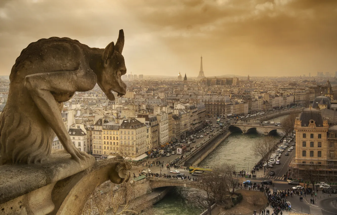 Фото обои город, Франция, архитектура, Notre Dame de Paris, горгулья, панорамма