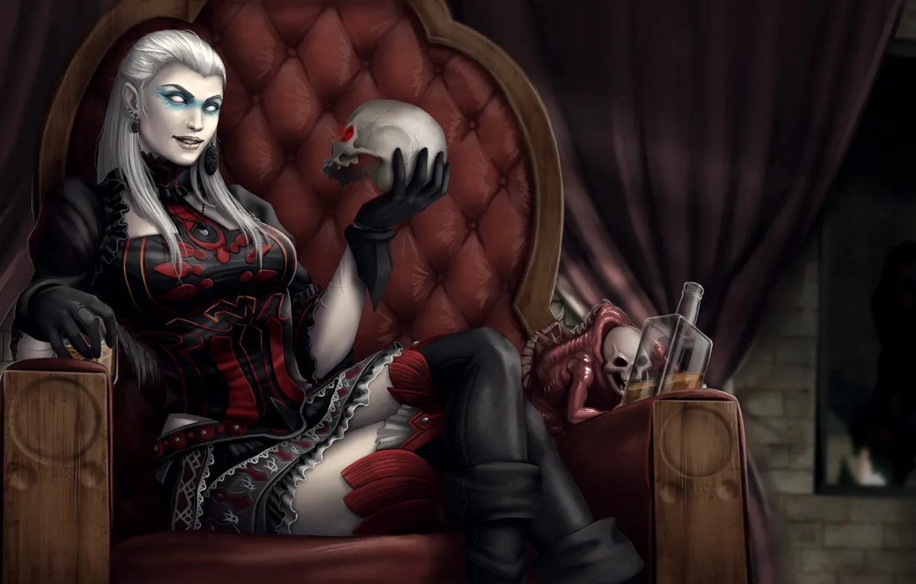 Фото обои девушка, череп, бутылка, кресло, демон, трон