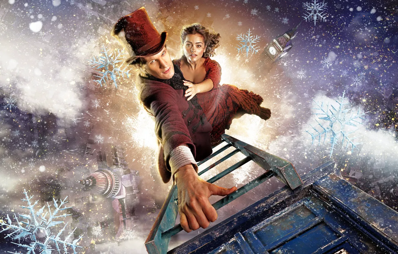 Фото обои зима, рождество, шляпа, лестница, Doctor Who, сериалы, Доктор Кто, Мэтт Смит