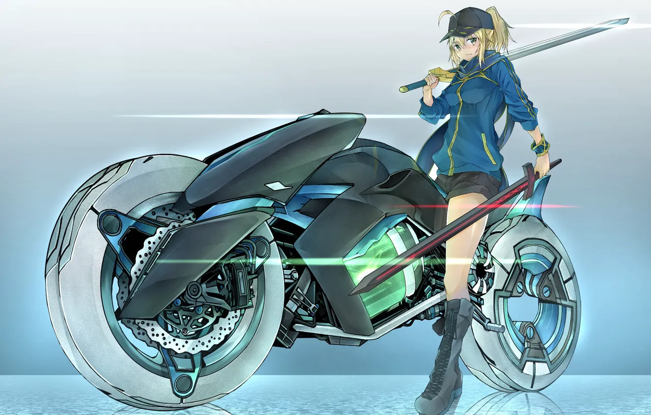Фото обои девушка, меч, мотоцикл, сейбер, Fate / Grand Order