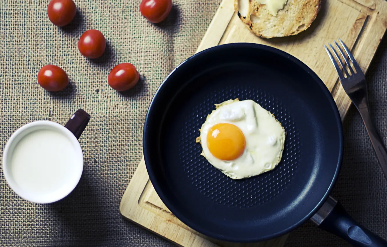 Фото обои яйцо, завтрак, утро, молоко, яичница, помидоры, food, morning