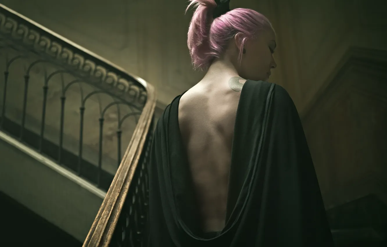 Фото обои girl, pink hair, woman, braid, tattoo, female, stairs, plait