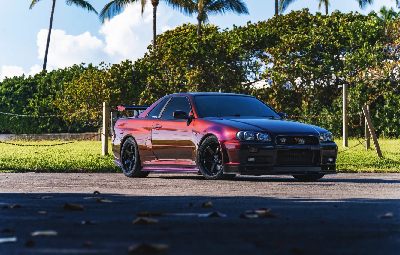 Фото обои GT-R, R34, Leaves, V-Spec