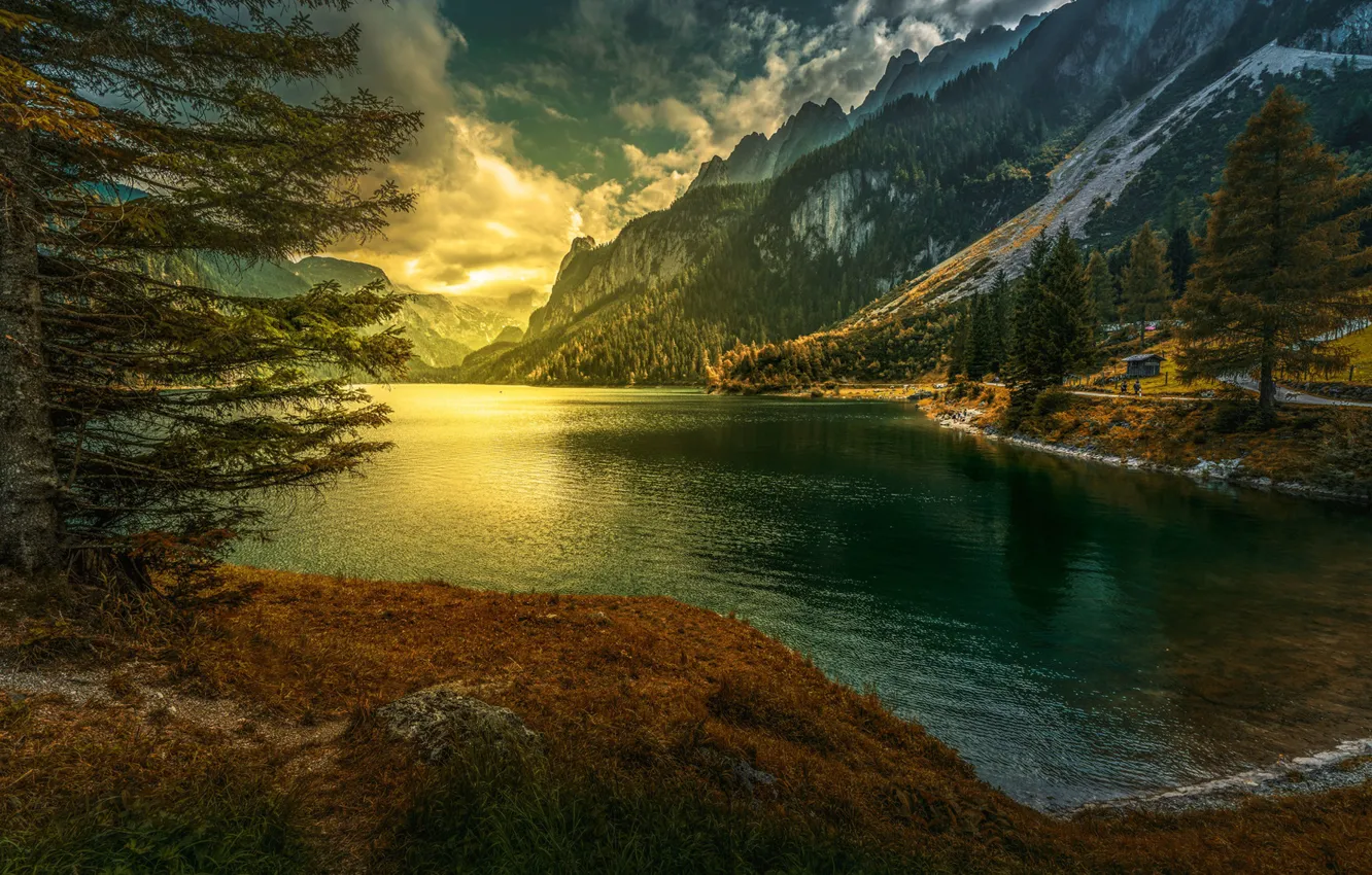 Фото обои закат, горы, озеро, Австрия, Альпы, Austria, Alps, Gosau