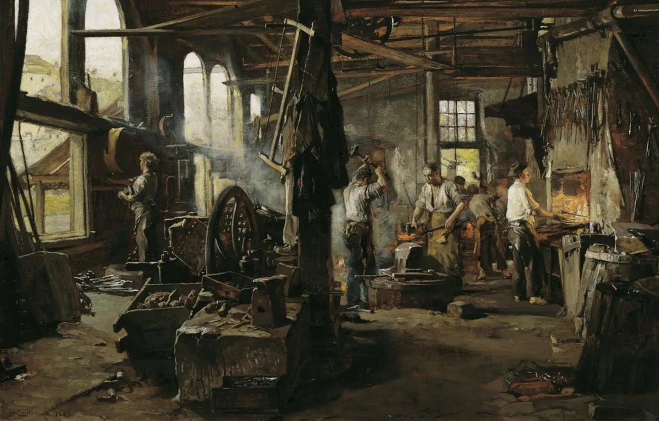 Фото обои картина, живопись, painting, 1883, Hugo Charlemont, Interior of a Hammer Mill, Кузница