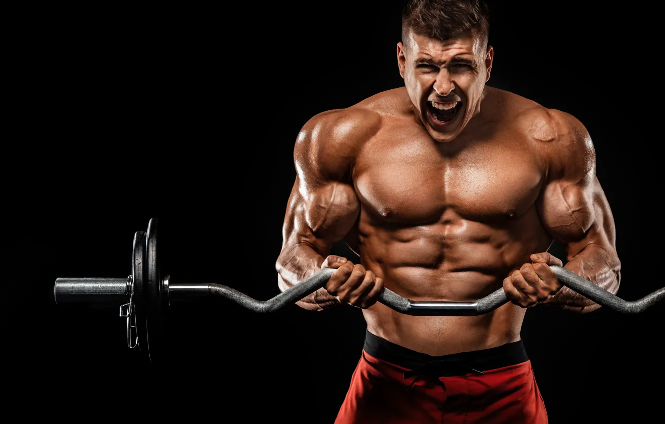 Фото обои поза, muscle, мышцы, штанга, атлет, бицепс, gym, бодибилдер