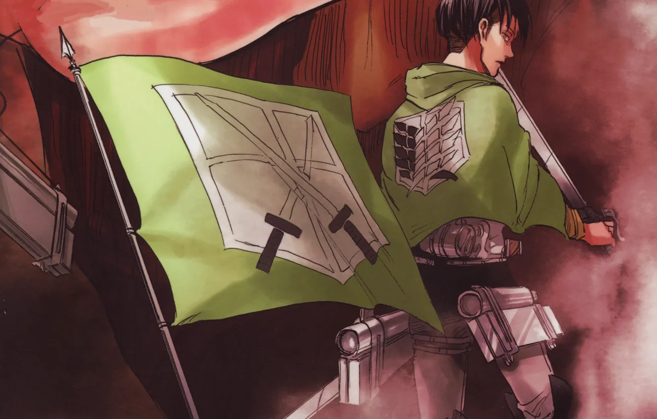 Фото обои флаг, эмблема, клинки, военная форма, Shingeki no Kyojin, со спины, привод, Вторжение Гигантов