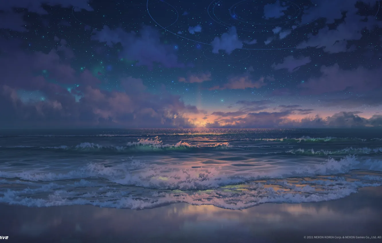 Фото обои waves, sea, coast, sunset, stars