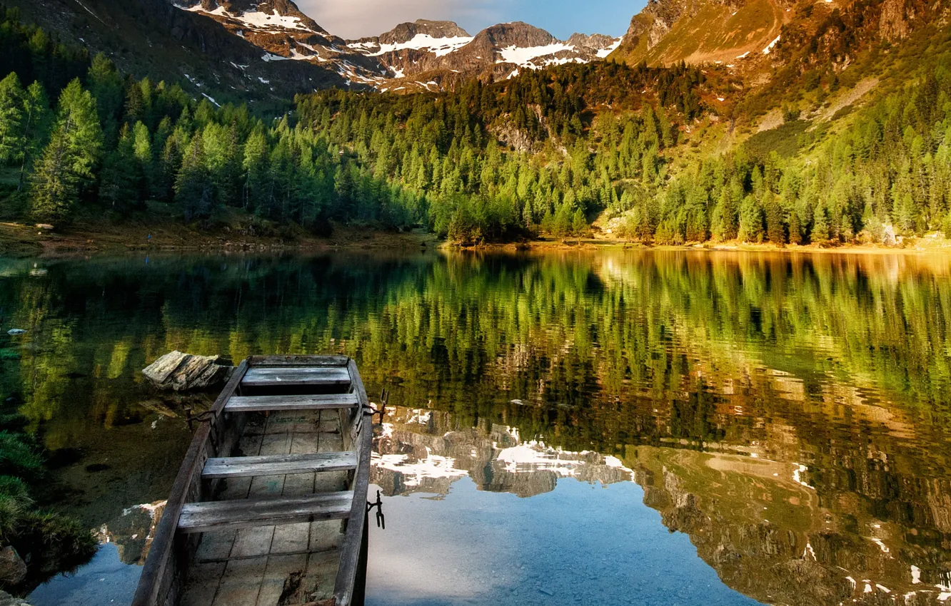 Фото обои пейзаж, горы, природа, озеро, отражение, лодка, Австрия, Альпы
