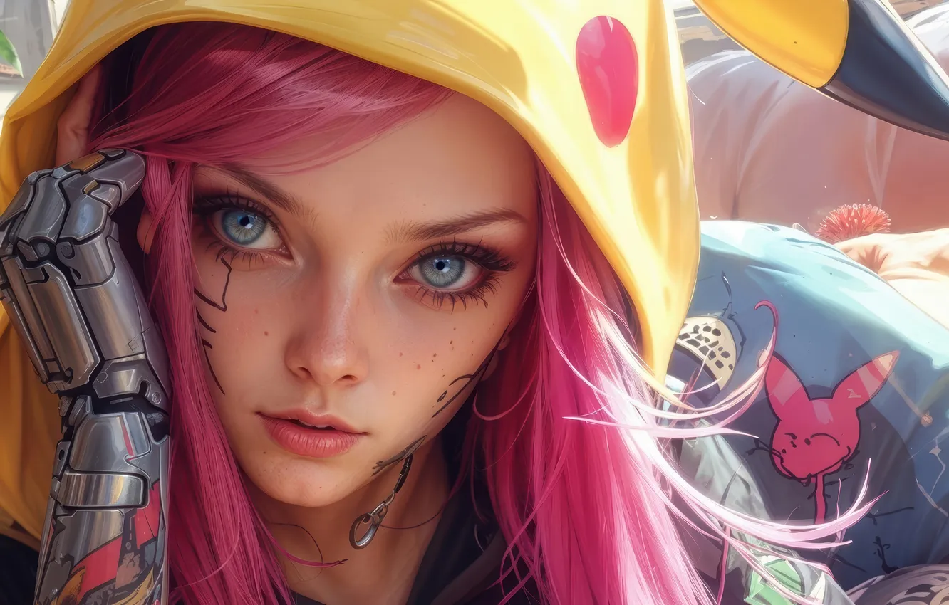 Фото обои Anime, Hoodie, Pikachu, Cyberpunk, Pink Hair, Anime Girl, AI Art, AI Generated