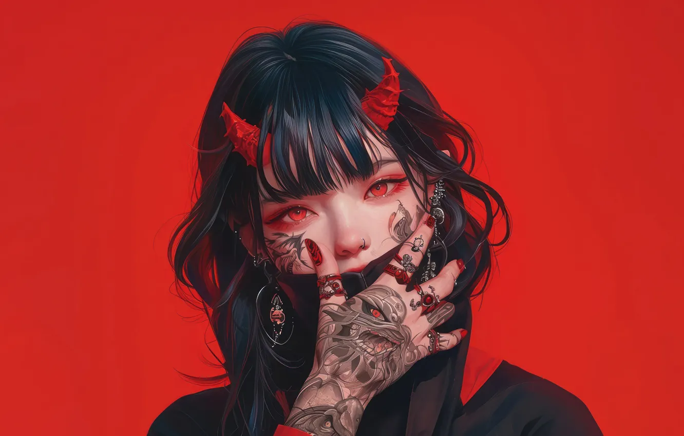 Фото обои Devil, Anime, Red Eyes, Tattoo, Horn, Anime Girl, AI Generated, Semon