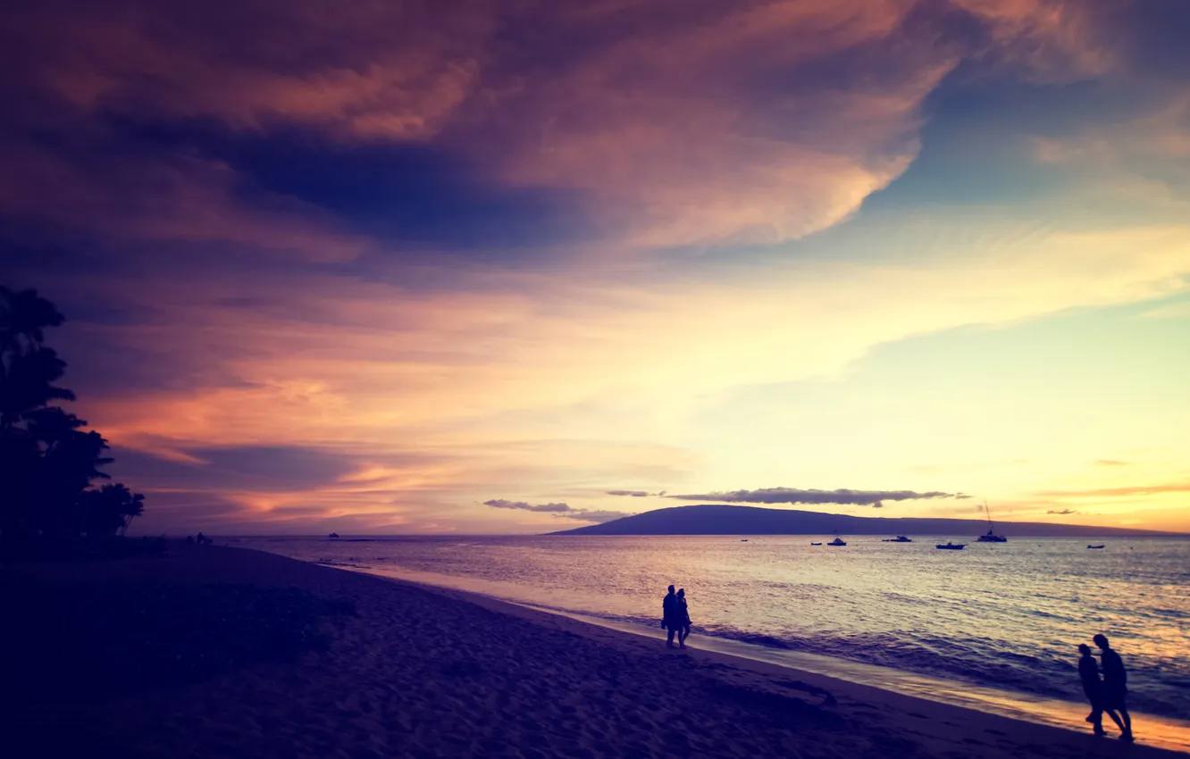 Фото обои песок, море, пляж, небо, вода, пейзаж, закат, следы