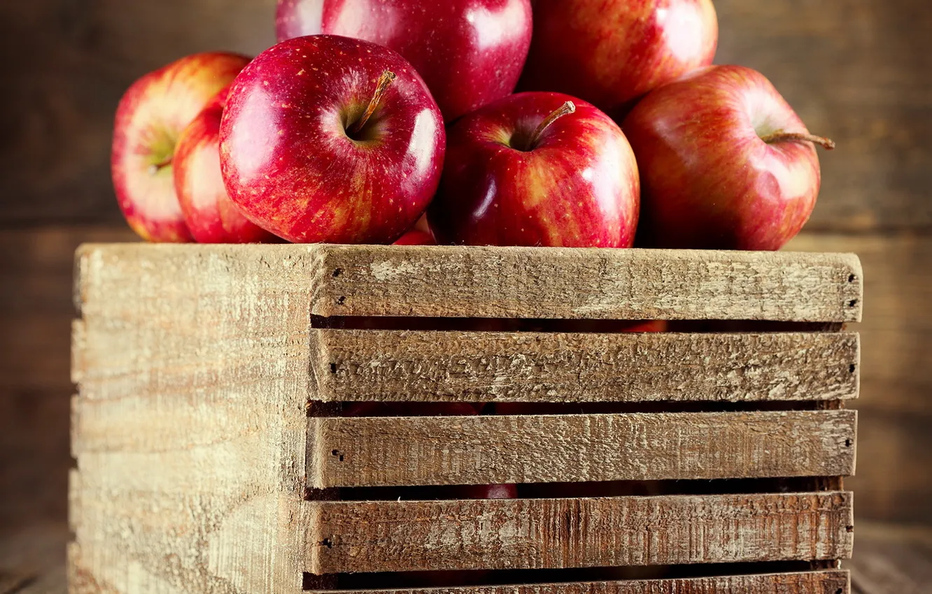 Фото обои яблоки, красные, фрукты, ящик
