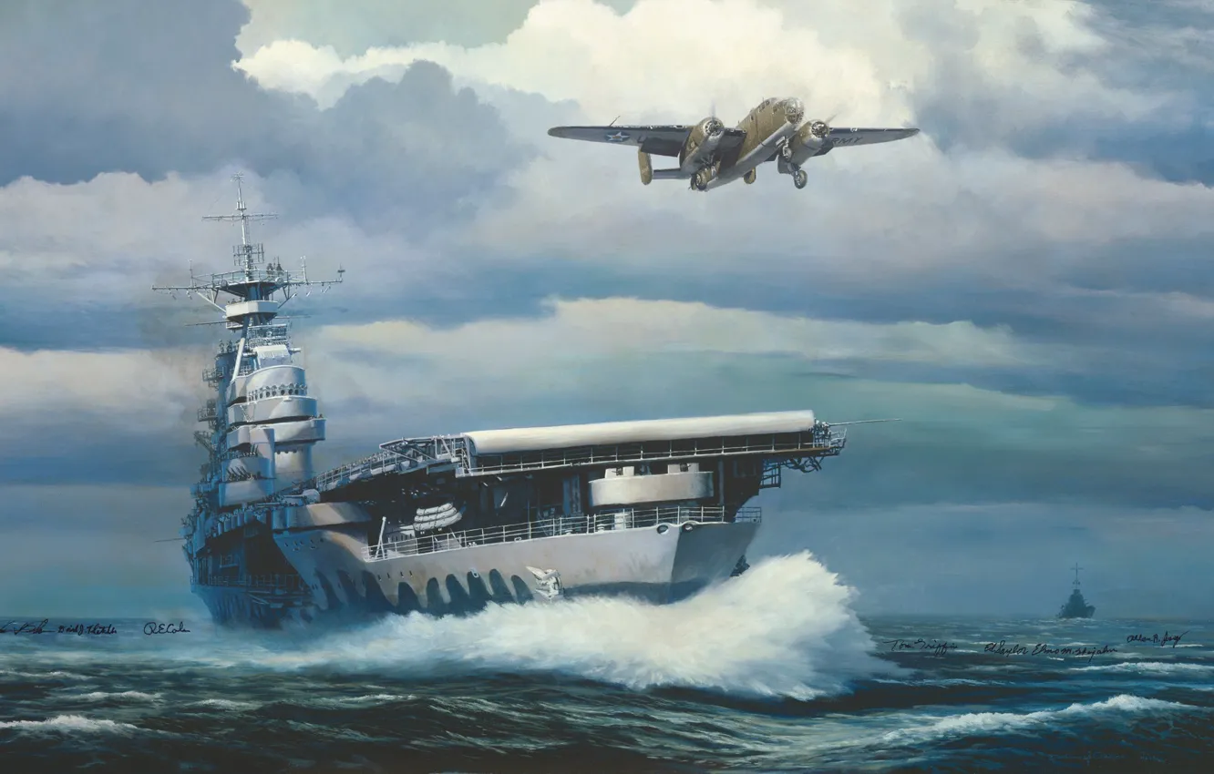 Фото обои war, art, airplane, painting, aviation, carrier, b 25