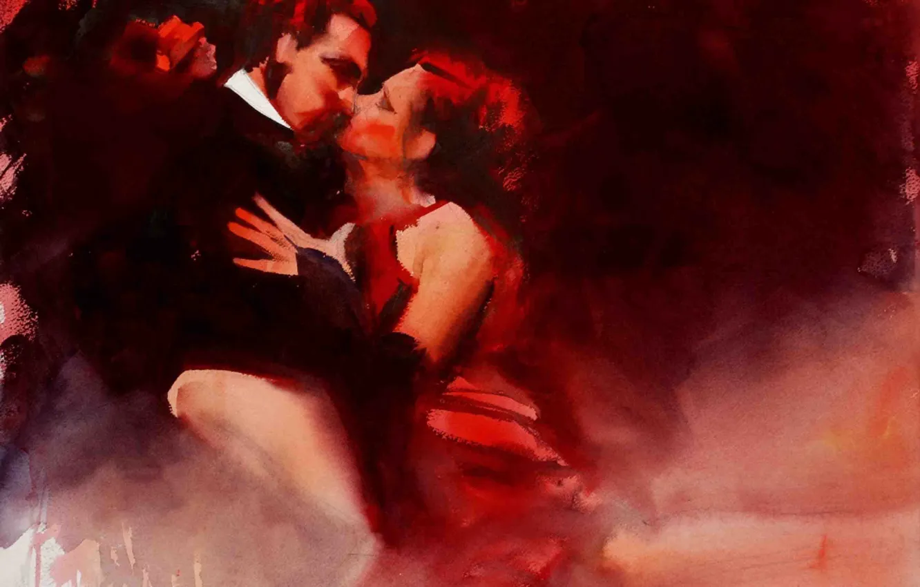Фото обои страсть, женщина, танец, поцелуй, картина, арт, акварель, мужчина