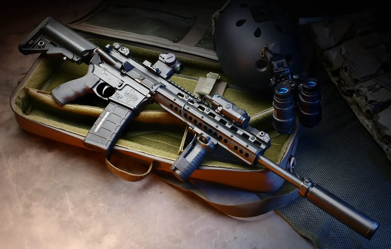 Фото обои автомат, чемодан, каска, глушитель, hd wallpaper, assault rifle, прибор, ночного